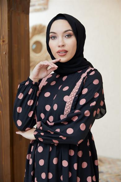 Pembe Puantiyeli Keten Uzun Tesettür Elbise Fdl1405