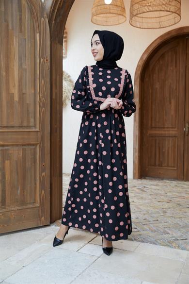 Pembe Puantiyeli Keten Uzun Tesettür Elbise Fdl1405