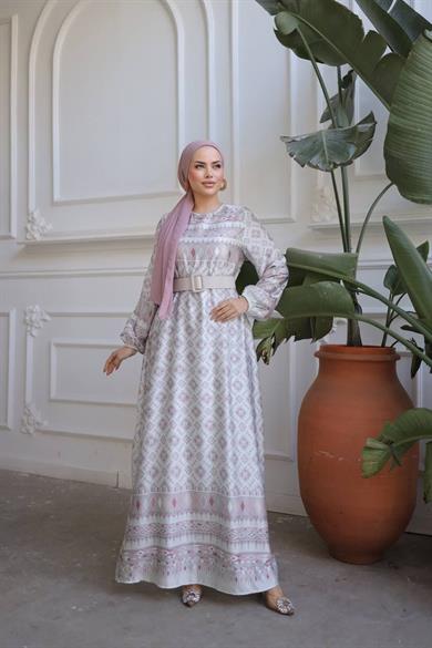 Pembe Saten Baklava Desenli Uzun Tesettür Elbise Fdl1697