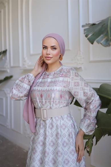 Pembe Saten Baklava Desenli Uzun Tesettür Elbise Fdl1697