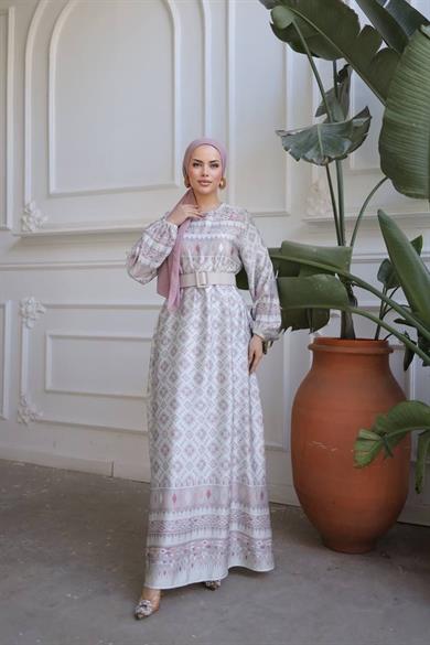 Pembe Saten Baklava Desenli Uzun Tesettür Elbise Fdl1697