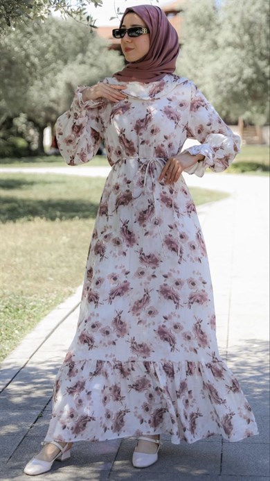 Pudra Çiçekli Müslin Elbise 5155