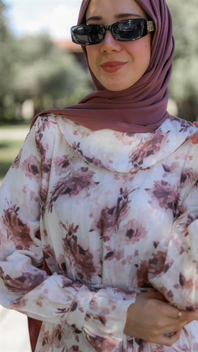 Pudra Çiçekli Müslin Elbise 5155