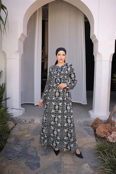 Siyah Belmando Desenli Uzun Kollu Tesettür Elbise Fdl1889