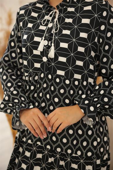 Siyah Belmando Kumaş Parçalı Uzun Tesettür Elbise Fdl1895