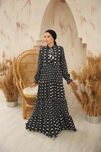 Siyah Belmando Kumaş Parçalı Uzun Tesettür Elbise Fdl1895