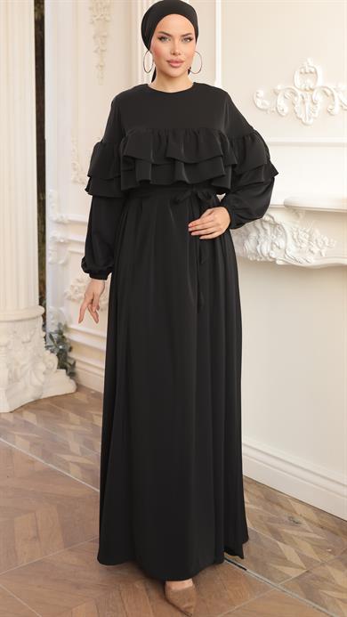 Siyah Çift Fırfırlı Elbise 5068