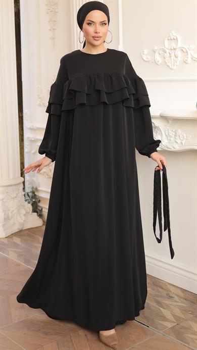 Siyah Çift Fırfırlı Elbise 5068