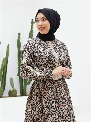 Siyah Dokuma Kol Detaylı Uzun Tesettür Elbise Fdl1409