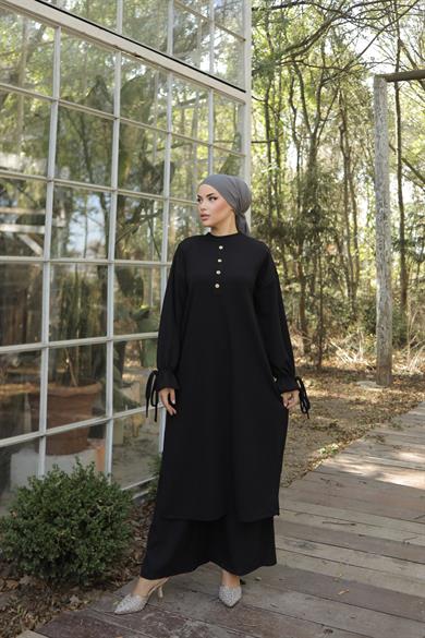 Siyah Düğme Detaylı Örme Pantolon Takım 6020