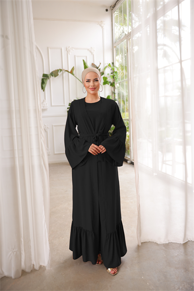 Siyah Fırfırlı İkili Takım Abaya 5038