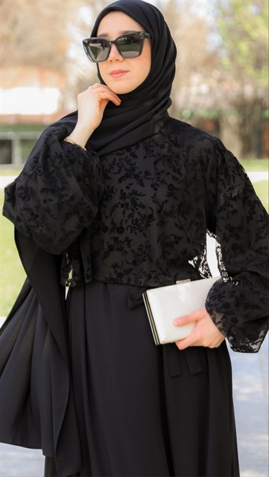Siyah Flok Garnili Medine Elbise 5149