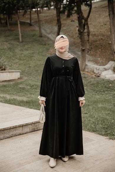 Siyah Garnili Kadife Elbise Nsr 5112