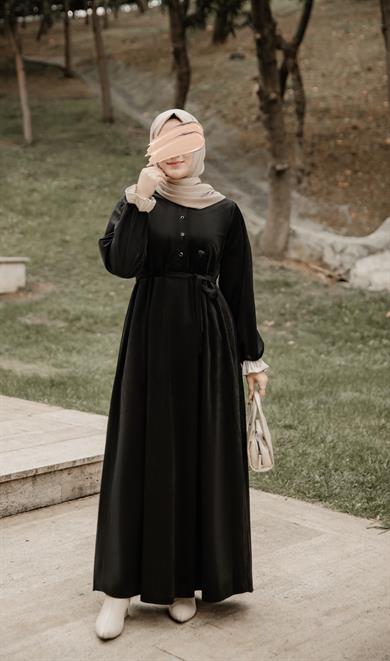 Siyah Garnili Kadife Elbise Nsr 5112
