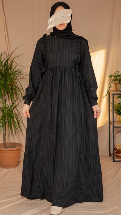 Siyah Göğsü Fırfırlı Elbise 5131
