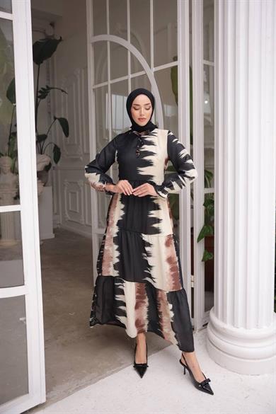 Siyah-Kahverengi Şifon Kare Desenli Uzun Tesetür Elbise Fdl1859