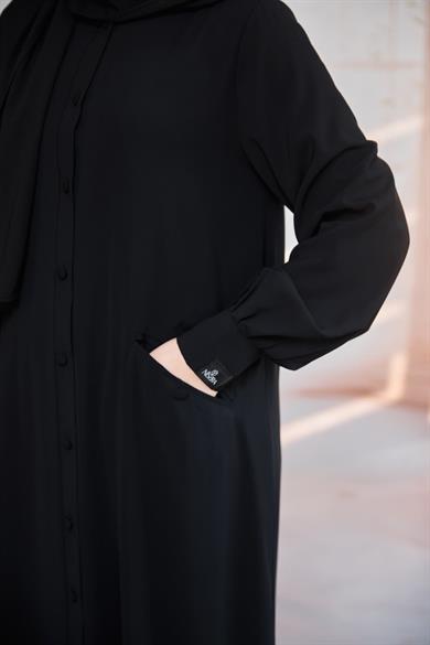 Siyah Kaplama Düğmeli Şallı Ferace 5117