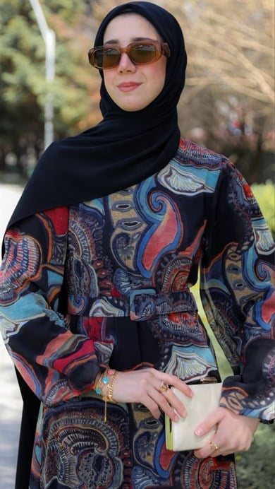 Siyah Kaplama Kemerli Şifon Elbise 5147