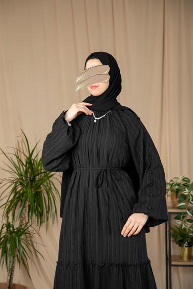 Siyah Kolları Kaplama Düğmeli Elbise 5132
