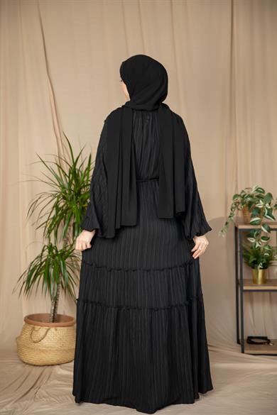 Siyah Kolları Kaplama Düğmeli Elbise 5132