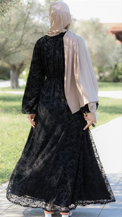 Siyah LY26 4030 REGLAN KOL FLOK BASKILI ELBİSE