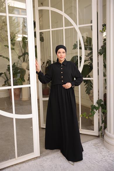 Siyah Önlüklü Medine İpeği Elbise 5065