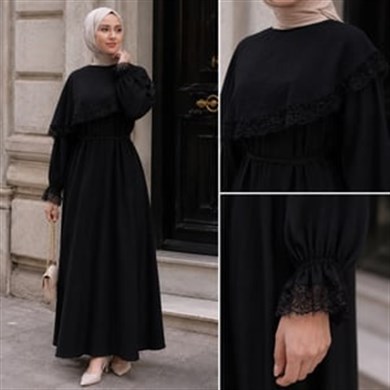 Siyah Pelerinli Dantelli Elbise 5159