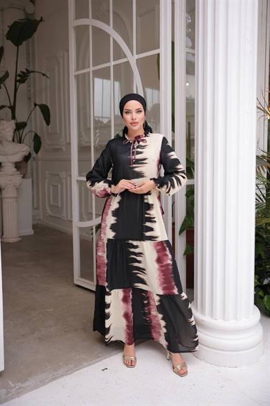 Siyah-Pembe Şifon Kare Desenli Uzun Tesetür Elbise Fdl1859