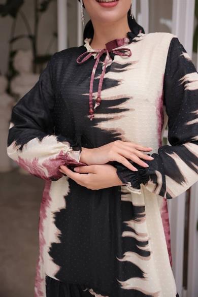 Siyah-Pembe Şifon Kare Desenli Uzun Tesetür Elbise Fdl1859