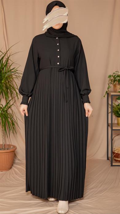 Siyah Pliseli elbise 5129