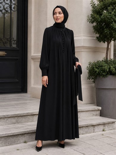 Siyah Reglan Kol Kaplama Düğmeli Elbise 5152