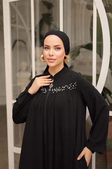 Siyah Robalı Boncuklu Ferace 5016