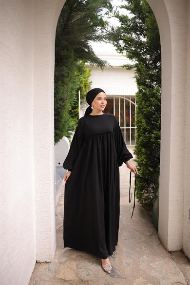 Siyah Robalı Büzgülü Oversize Elbise 5093