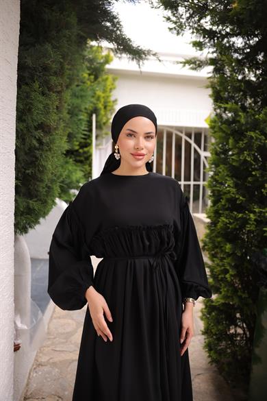 Siyah Robalı Büzgülü Oversize Elbise 5093