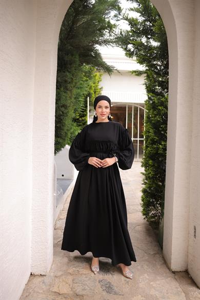 Siyah Robalı Büzgülü Oversize Elbise 5093
