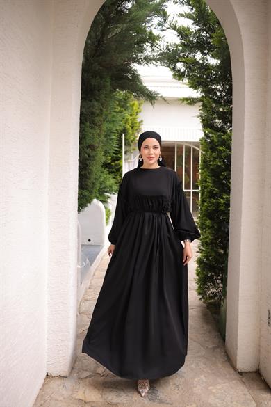 Siyah Robalı Büzgülü Oversize Elbise 5093