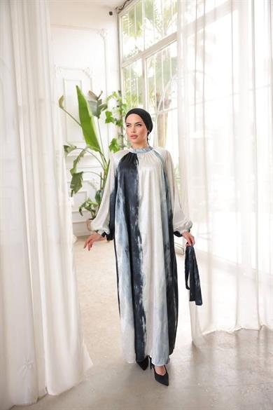 Siyah Saten Jaccar Desenli Uzun Tesettür Elbise Fdl1861