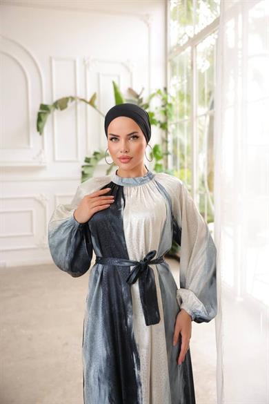 Siyah Saten Jaccar Desenli Uzun Tesettür Elbise Fdl1861