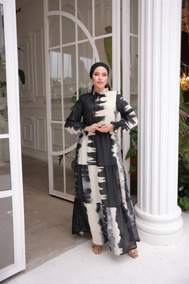 Siyah Şifon Kare Desenli Uzun Tesetür Elbise Fdl1859