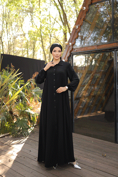 Siyah Tam Boy Düğmeli Ferace 5000