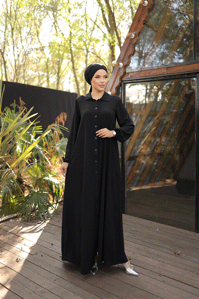 Siyah Tam Boy Düğmeli Ferace 5000