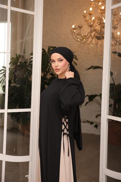 Siyah Yandan Garnili Elbise 5061