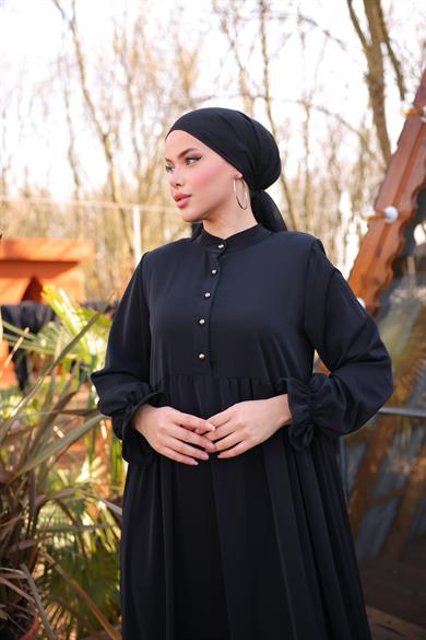 Siyah Yarım Patlı 3 Katlı Tesettür Elbise 5078