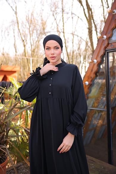 Siyah Yarım Patlı 3 Katlı Tesettür Elbise 5078