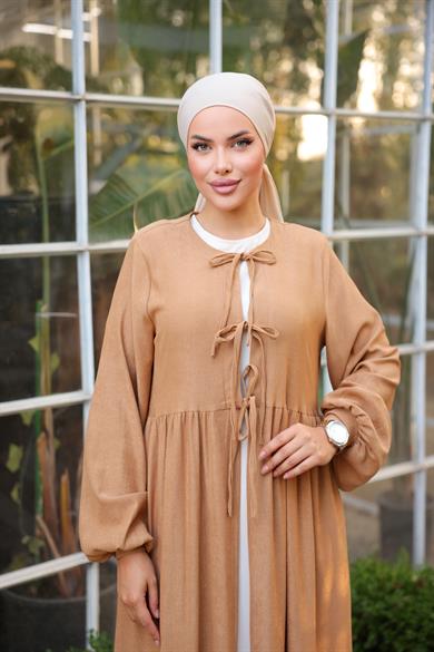 Taba Bel Büzgülü 3 Biyeli Tesettür Kimono 8024