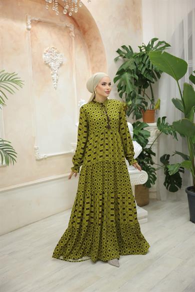 Yeşil Belmando Kumaş Parçalı Uzun Tesettür Elbise Fdl1895
