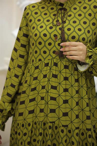 Yeşil Belmando Kumaş Parçalı Uzun Tesettür Elbise Fdl1895