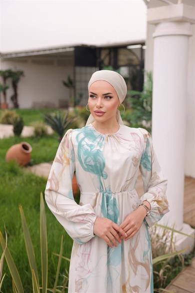 Yeşil Saten Desenli Uzun Kollu Uzun Tesettür Elbise Fdl1841