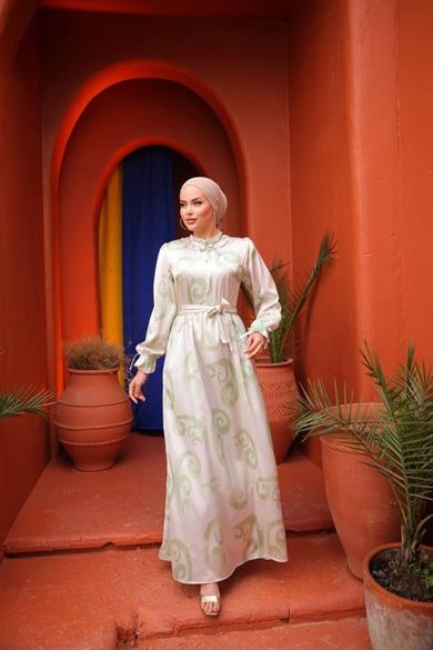 Yeşil Saten Kumaş Lale Desenli Uzun Tesettür Elbise Fdl1856