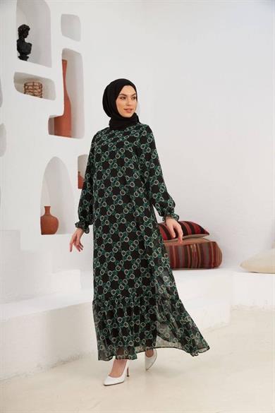 Yeşil Şifon Kemer Detaylı Uzun Tesetür Elbise Fdl1533
